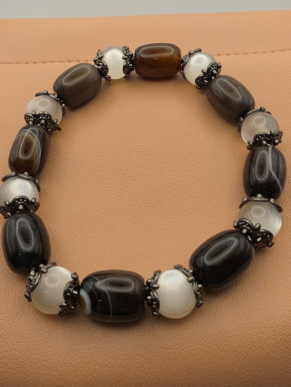 Handmade Brown and White Beaded Stretch Bracelet